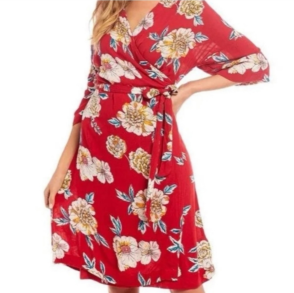 Roxy Red Floral Kimono Wrap Dress